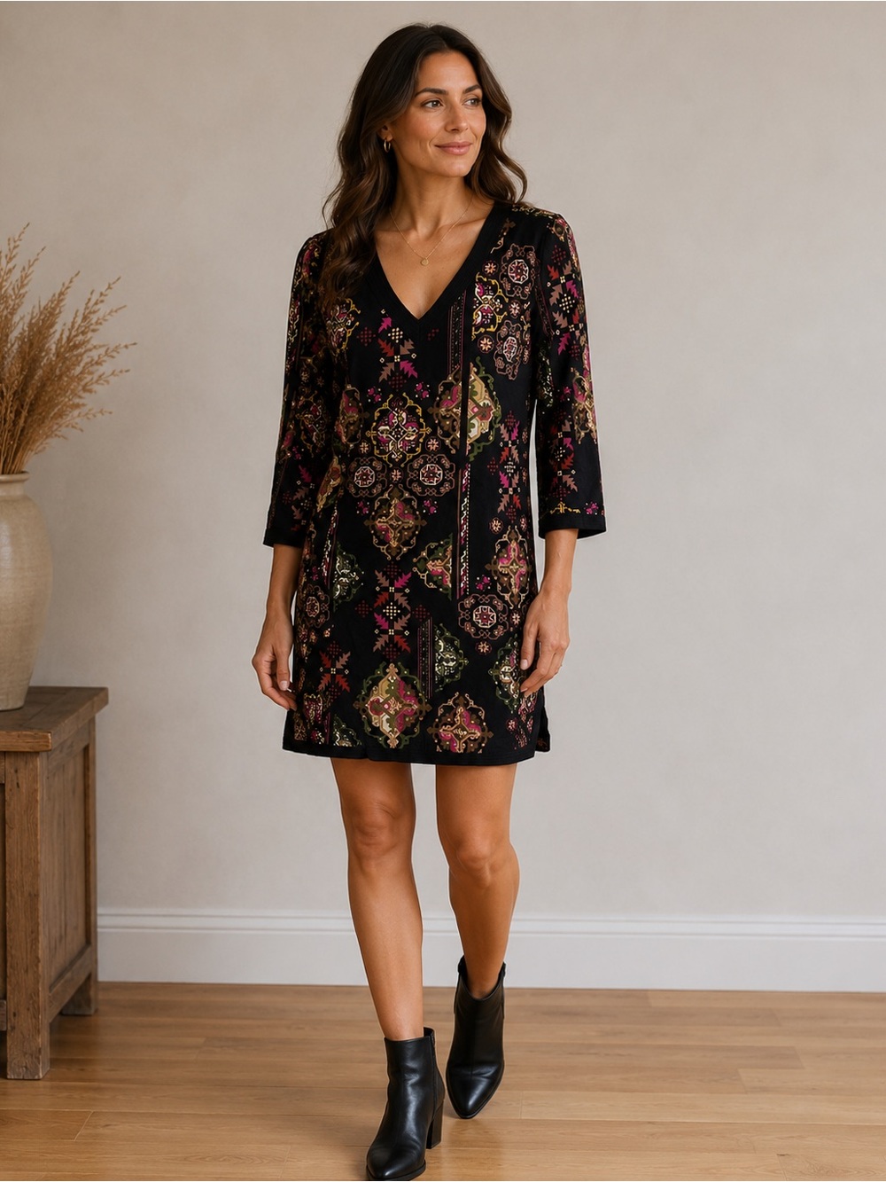 Lands' End Black and Pink Patterned Dress